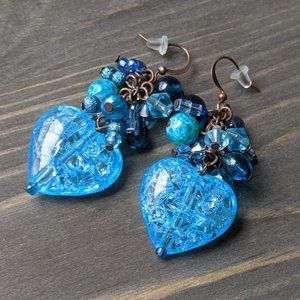 Mixed Blue Glass Bead & Blue Crackle Heart Cluster Earrings